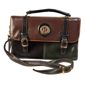 Vintage Roma Italy Colorblock Leather Satchel Crossbody‎ Bag Brown Black Green